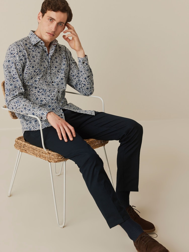 Blue Ditsy Floral Slim Fit Easy Care Printed Shirt - Image 2 of 9