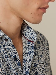 Blue Ditsy Floral Slim Fit Easy Care Printed Shirt - Image 6 of 9