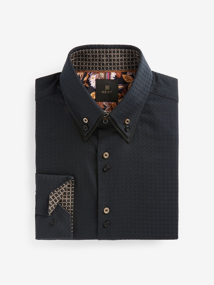 Black Contast Button Regular Fit Double Collar Textured Trimmed Shirt - Image 1 of 2