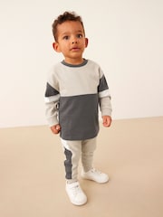 Charcoal Grey Monochrome 100% Cotton Long Sleeve Cosy Colourblock T-Shirt and Joggers Set (3mths-7yrs) - Image 1 of 7