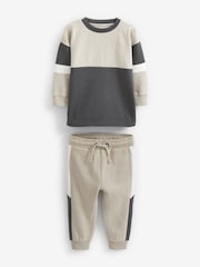 Charcoal Grey Monochrome 100% Cotton Long Sleeve Cosy Colourblock T-Shirt and Joggers Set (3mths-7yrs) - Image 5 of 7
