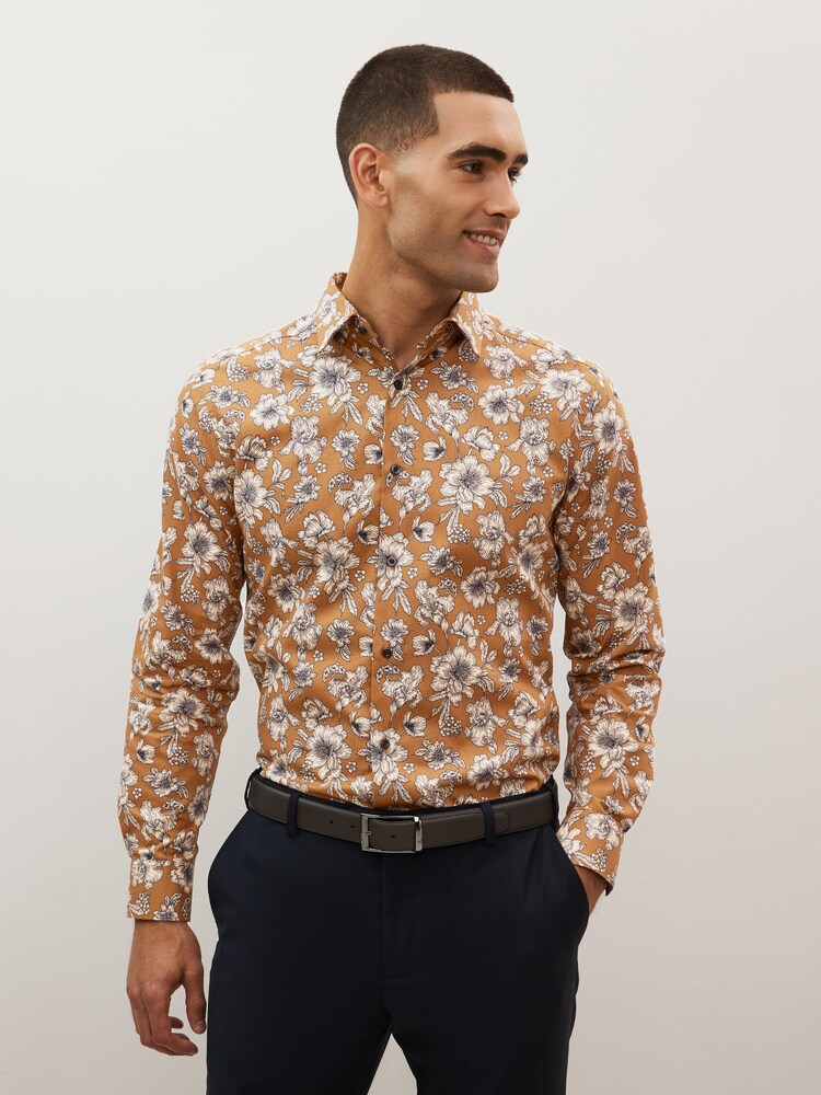 Brown Floral Regular Fit Printed Trimmed Shirt - Image 1 of 7