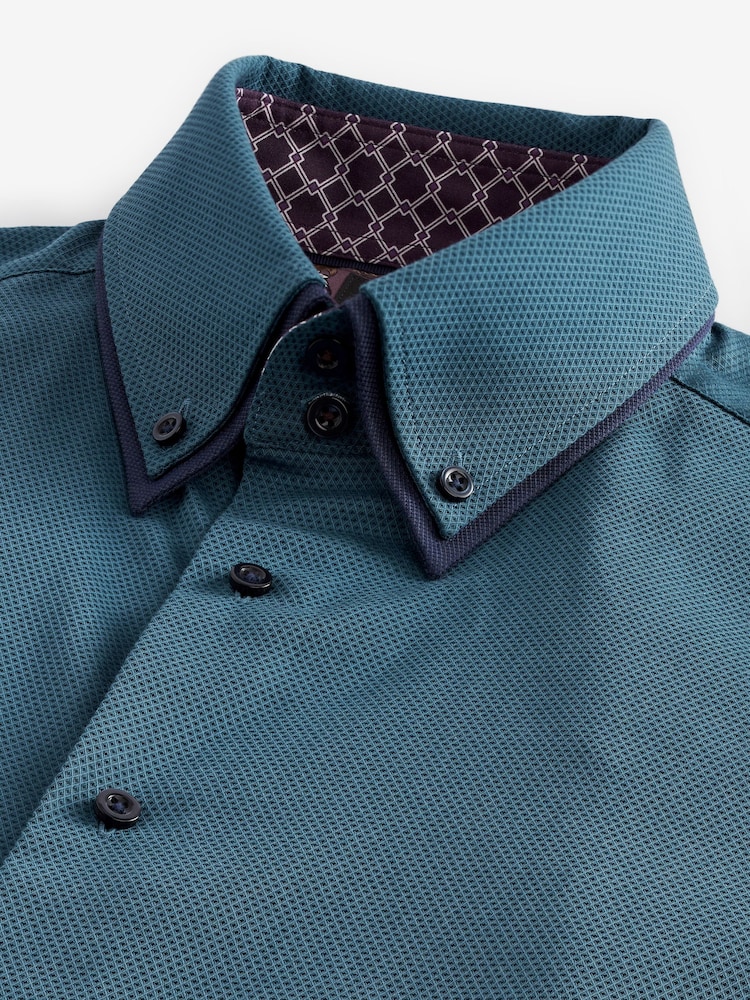 Teal Blue Regular Fit Double Collar Textured Trimmed Shirt - Image 2 of 7