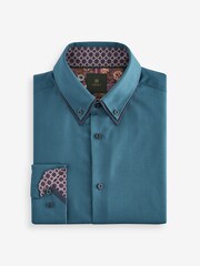 Teal Blue Regular Fit Double Collar Textured Trimmed Shirt - Image 4 of 7