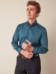 Teal Blue Regular Fit Double Collar Textured Trimmed Shirt - Image 6 of 7