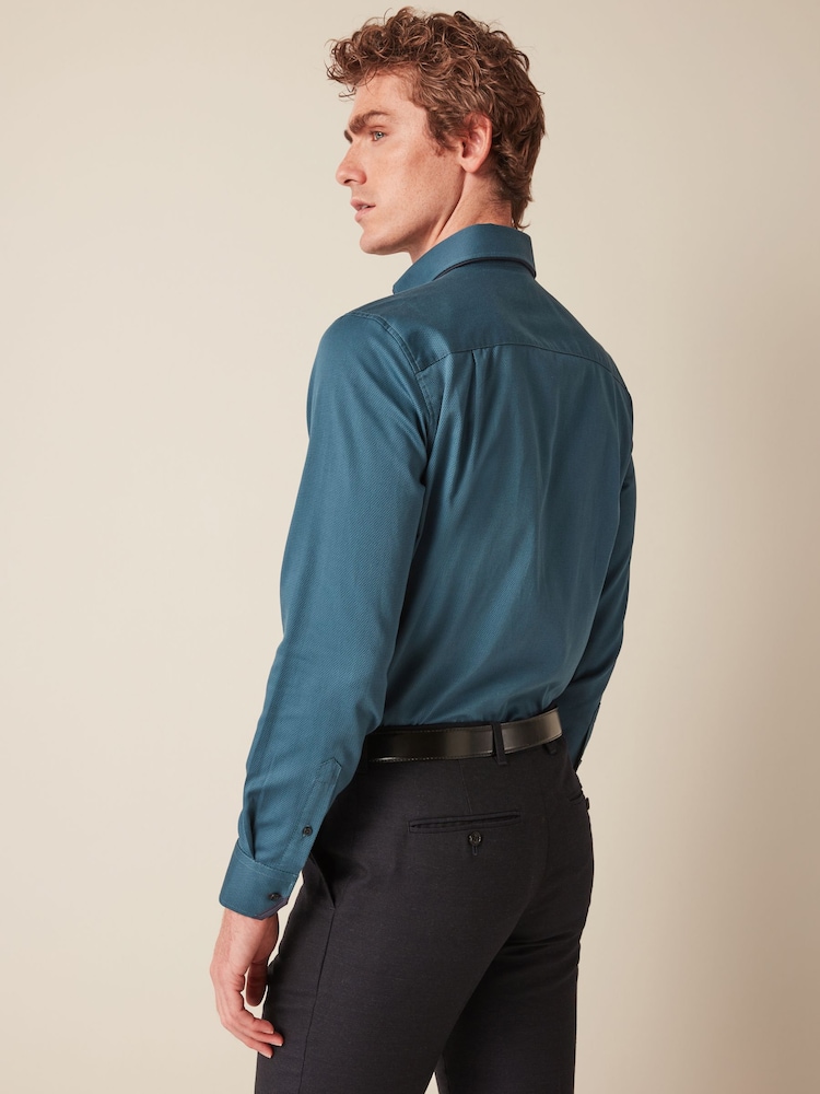Teal Blue Regular Fit Double Collar Textured Trimmed Shirt - Image 7 of 7