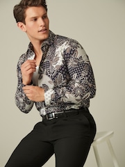 Black Patchwork Floral Slim Fit Printed Trimmed Shirt - Image 1 of 8