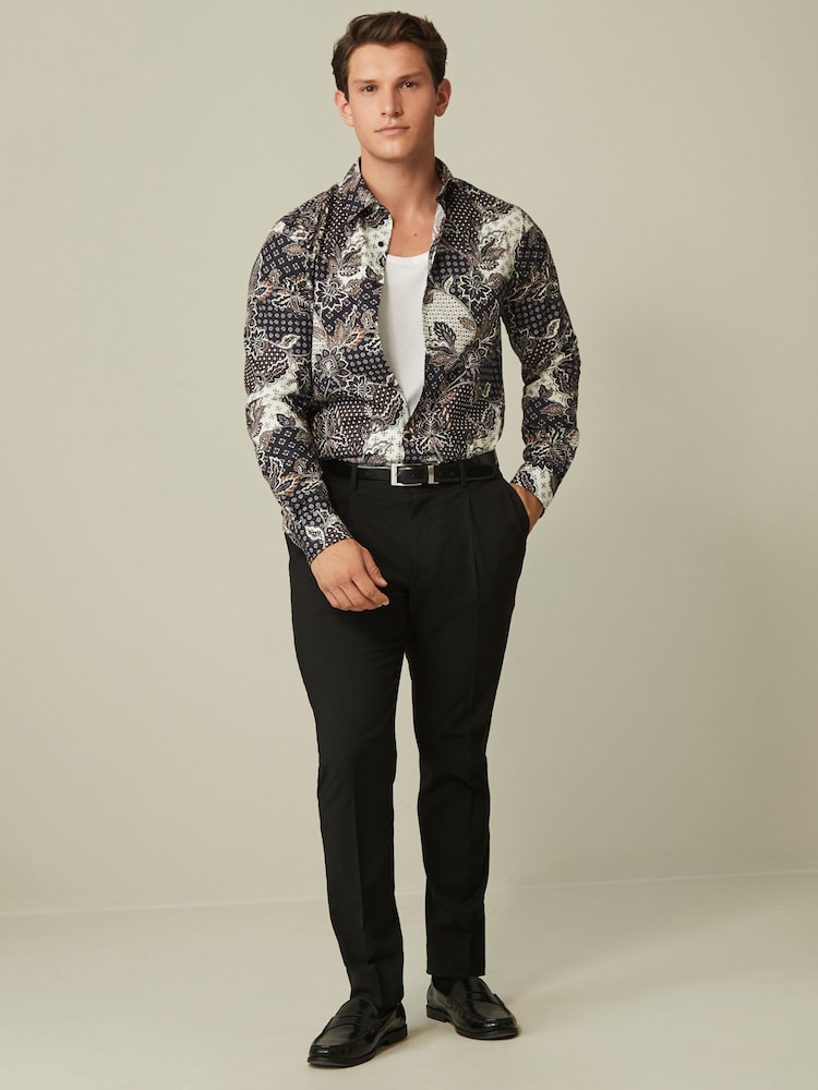 Black Patchwork Floral Slim Fit Printed Trimmed Shirt - Image 2 of 8