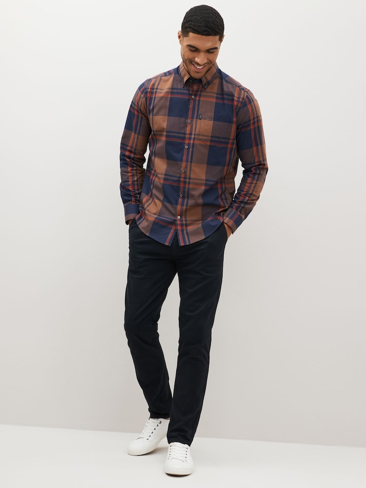 Orange/Navy Blue Check Easy Iron Button Down Oxford Shirt - Image 2 of 7