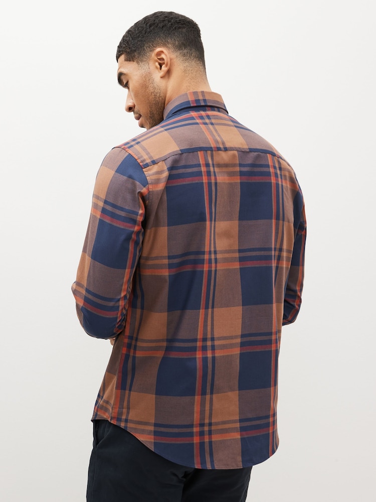 Orange/Navy Blue Check Easy Iron Button Down Oxford Shirt - Image 3 of 7
