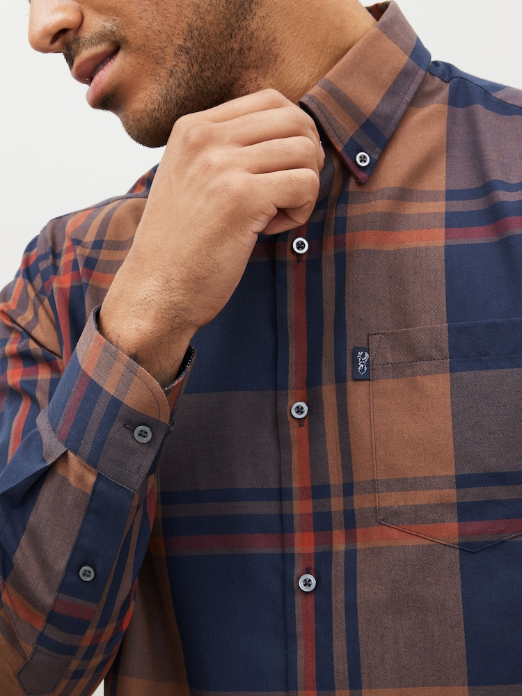 Orange/Navy Blue Check Easy Iron Button Down Oxford Shirt - Image 4 of 7