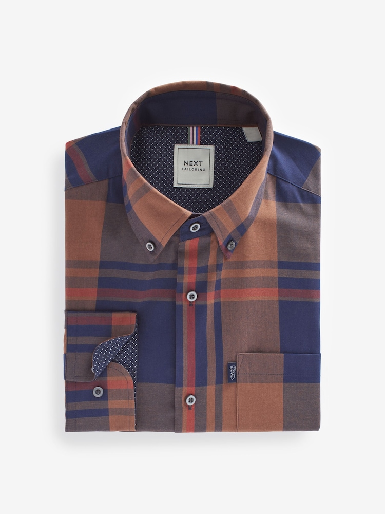 Orange/Navy Blue Check Easy Iron Button Down Oxford Shirt - Image 6 of 7