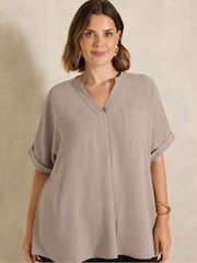 Evans Brown Short Sleeve Utility Blouse - Image 1 of 5