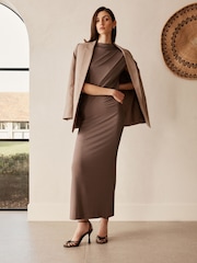 Mink Brown Asymmetric Premium Midi Dress - Image 1 of 6