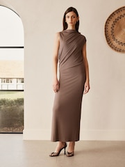 Mink Brown Asymmetric Premium Midi Dress - Image 2 of 6