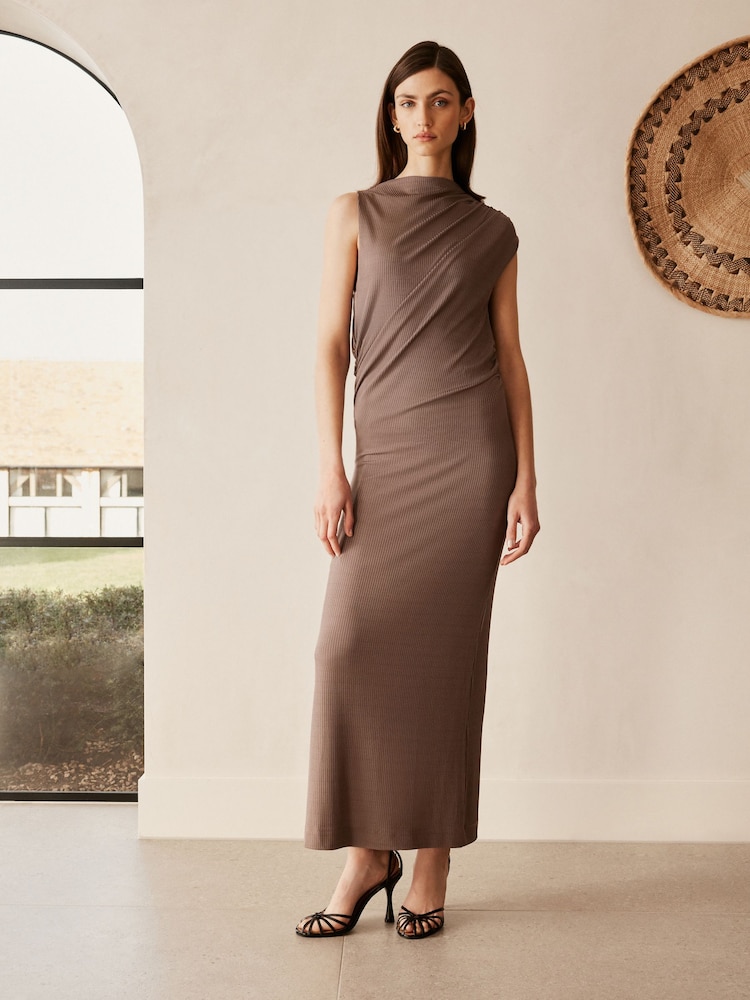 Mink Brown Asymmetric Premium Midi Dress - Image 2 of 6 Mink Brown Asymmetric Premium Midi Dress - Image 2 of 6
