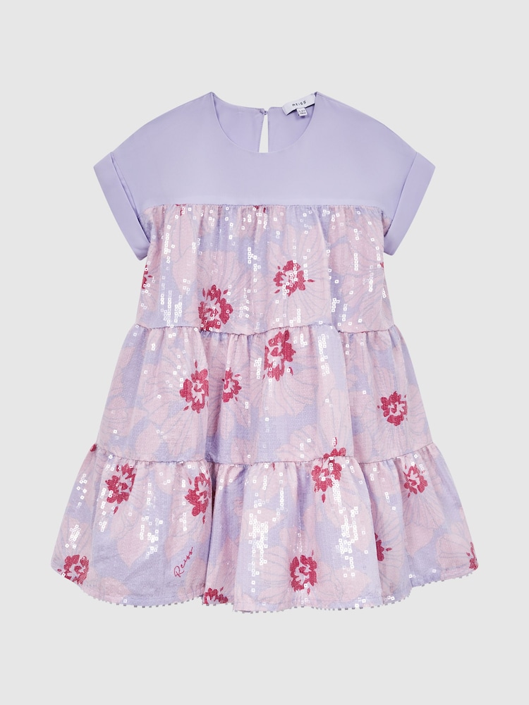 Reiss Lilac Lucie Sequin Print Tiered Dress - Image 2 of 7