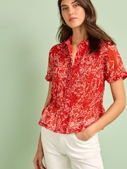 Red Floral Short Sleeve Shirred Shirt - Image 1 of 5