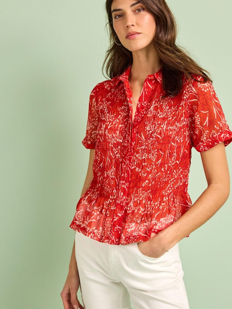 Red Floral Short Sleeve Shirred Shirt - Image 1 of 5