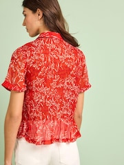 Red Floral Short Sleeve Shirred Shirt - Image 3 of 5