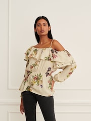 Preen/Ecru geblümt - Langärmelige One-Shoulder-Bluse mit Rüschen - Bild 2 von 6