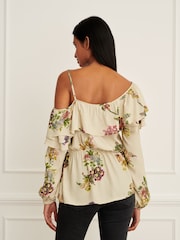Preen/Ecru geblümt - Langärmelige One-Shoulder-Bluse mit Rüschen - Bild 3 von 6