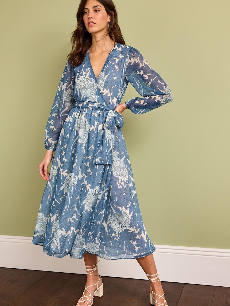 Morris & Co Blue Print Morris & Co.Tulip Blue Print Wrap Midi Dress - Image 2 of 5