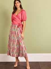 Morris & Co Pink Floral Morris & Co. Daffodil Pink Floral Cotton Waisted Midi Skirt - Image 1 of 5