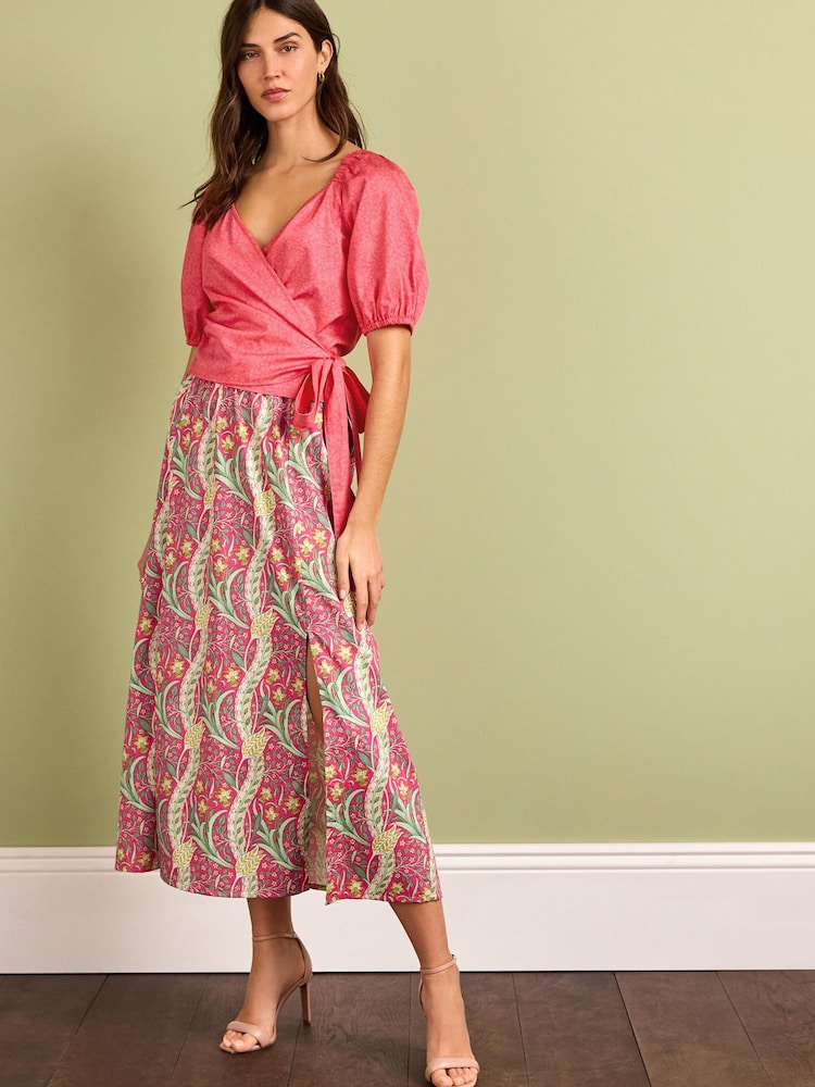 Morris & Co Pink Floral Morris & Co. Daffodil Pink Floral Cotton Waisted Midi Skirt - Image 1 of 5