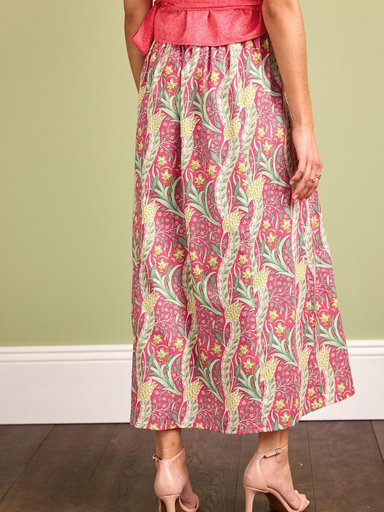 Morris & Co Pink Floral Morris & Co. Daffodil Pink Floral Cotton Waisted Midi Skirt - Image 2 of 5