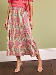 Morris & Co Pink Floral Morris & Co. Daffodil Pink Floral Cotton Waisted Midi Skirt - Image 4 of 5