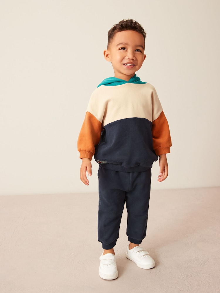 Navy Blue/Tan Brown Colourblock Hoodie and Jogger Set (3mths-7yrs) - Image 1 of 9