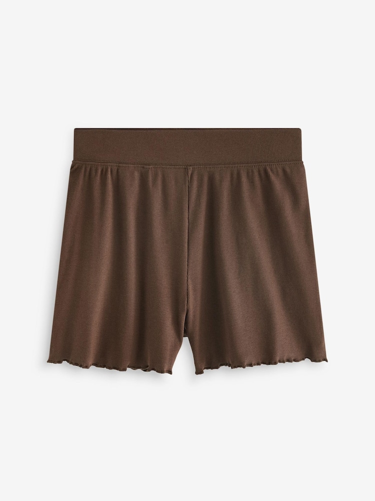 Brown Lettuce Edge Frilled Ribbed Shorts - Image 5 of 5