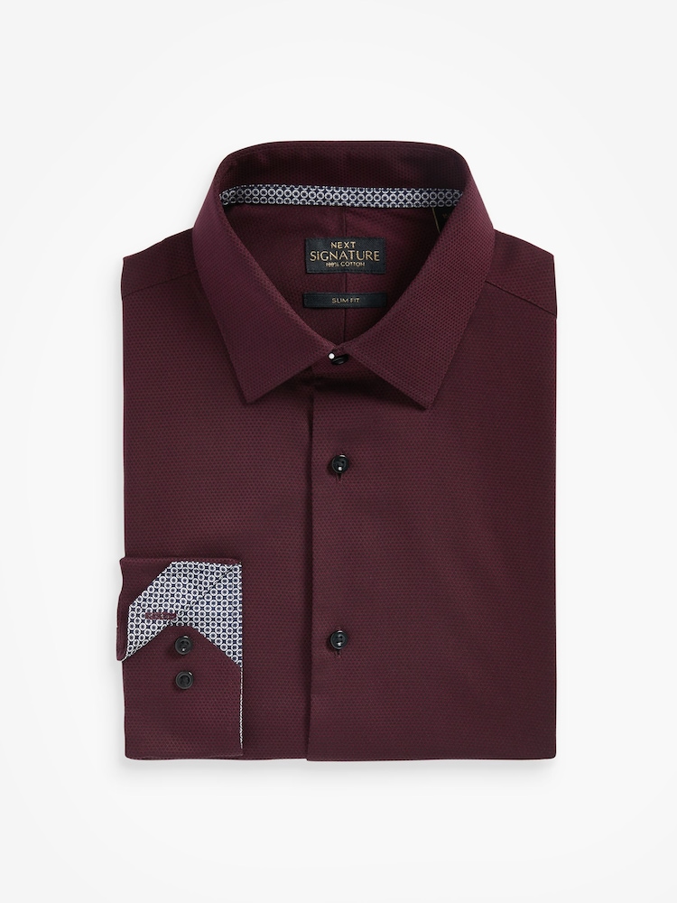 Burgundy Red Slim Fit Signature Premium 100% Cotton Textured Long Sleeve Single Cuff Shirt - Image 6 of 7