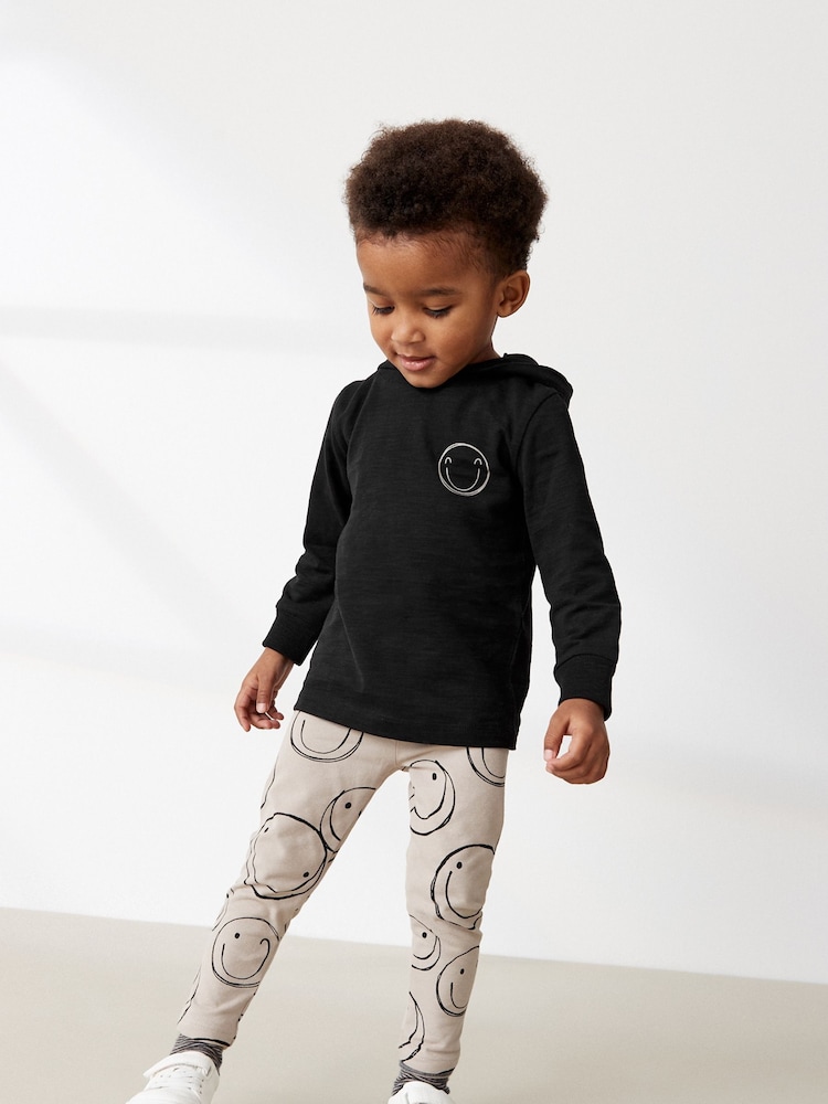 Black/Ecru Cream Smile Face - Zestaw: bluza z kapturem i długim rękawem i legginsy ze 100% bawełny (3 miesiące – 7 lat) - Image 1 of 1