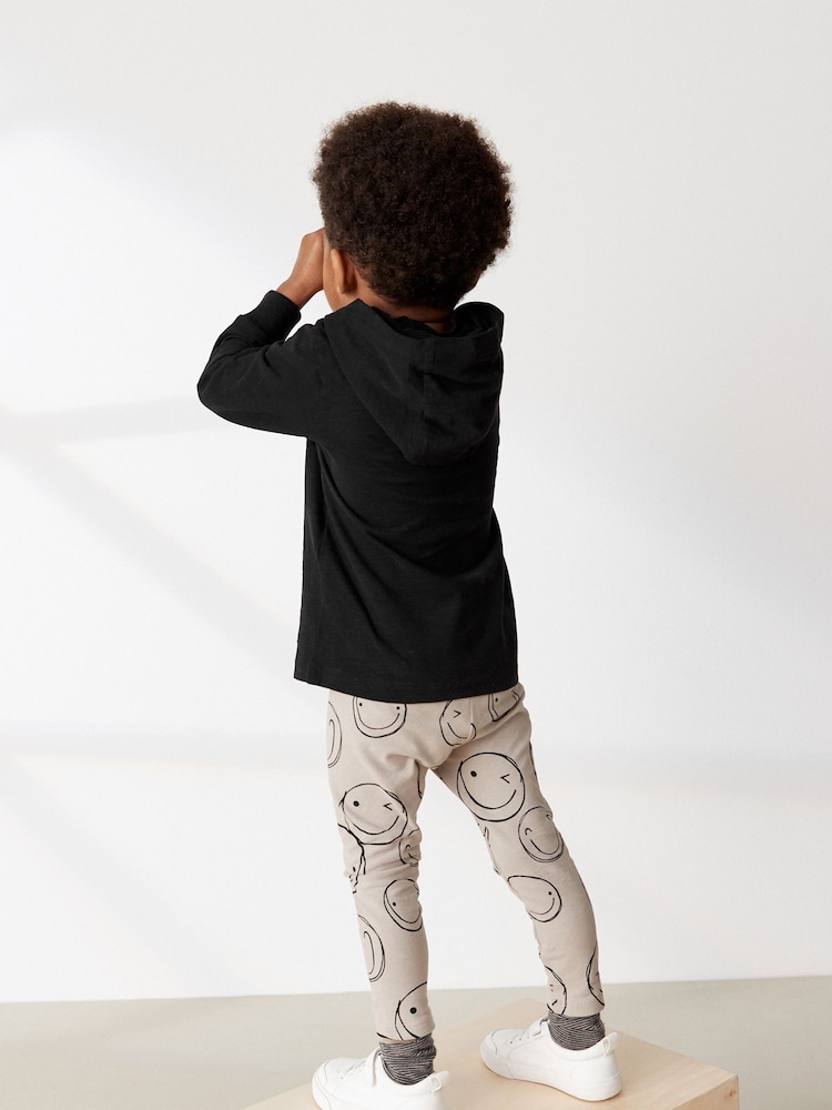 Black/Ecru Cream Smile Face 100% Cotton Long Sleeve Hoodie And Leggings Set (3mths-7yrs) - Image 2 of 6