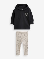Black/Ecru Cream Smile Face 100% Cotton Long Sleeve Hoodie And Leggings Set (3mths-7yrs) - Image 5 of 6