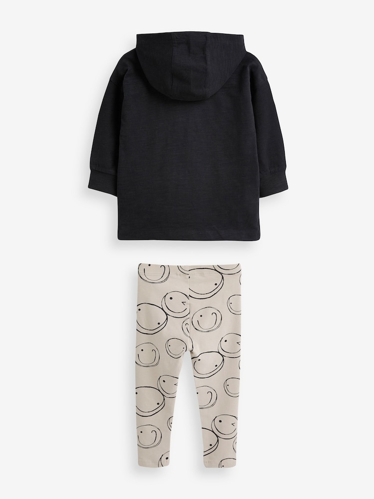 Black/Ecru Cream Smile Face 100% Cotton Long Sleeve Hoodie And Leggings Set (3mths-7yrs) - Image 6 of 6