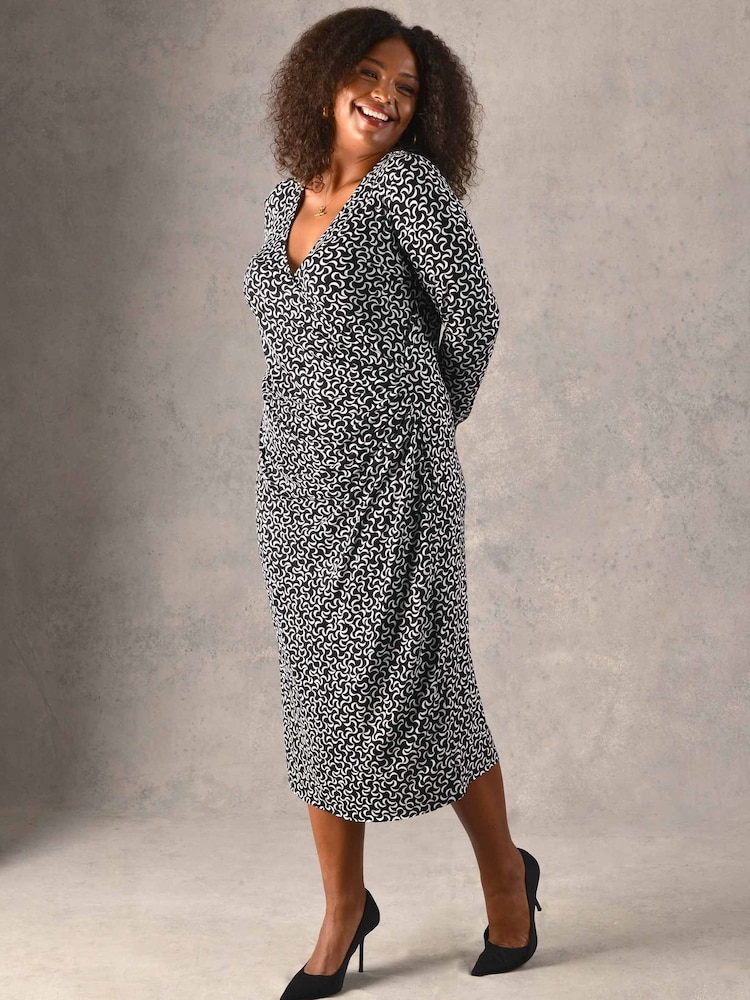 Live Unlimited Curve Mono Curl Print Mock Wrap Jersey Midi Black Dress - Image 1 of 5