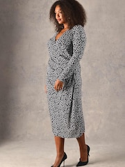 Live Unlimited Curve Mono Curl Print Mock Wrap Jersey Midi Black Dress - Image 2 of 5