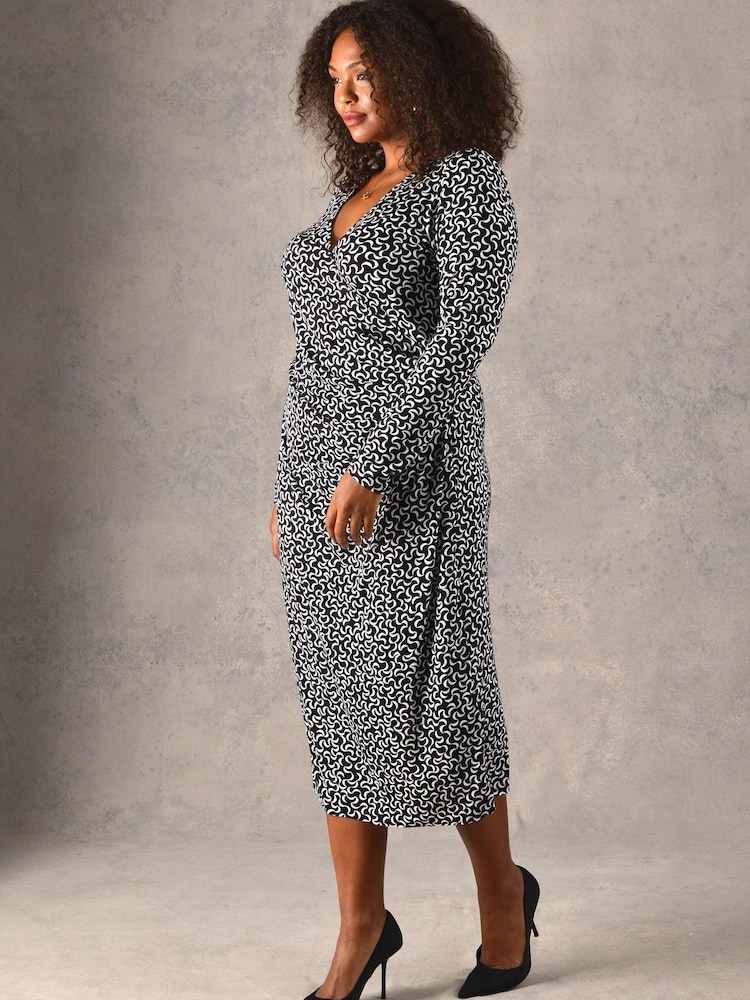 Live Unlimited Curve Mono Curl Print Mock Wrap Jersey Midi Black Dress - Image 2 of 5