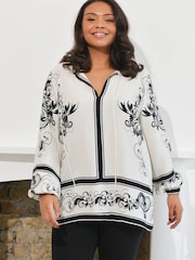 Live Unlimited Curve Floral Placement Woven Black Top With Blouson Sleeves - Image 2 of 7