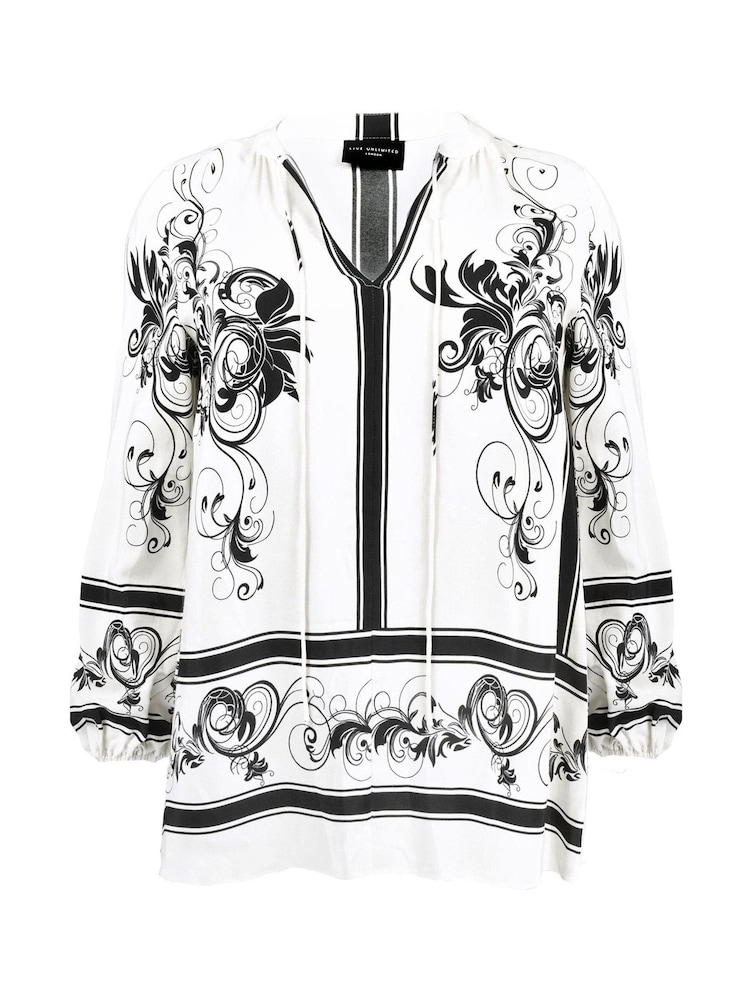 Live Unlimited Curve Floral Placement Woven Black Top With Blouson Sleeves - Image 7 of 7