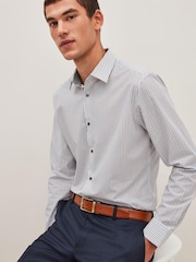 White/Blue/Brown Stripe Slim Fit Cotton Trimmed Shirt - Image 1 of 7