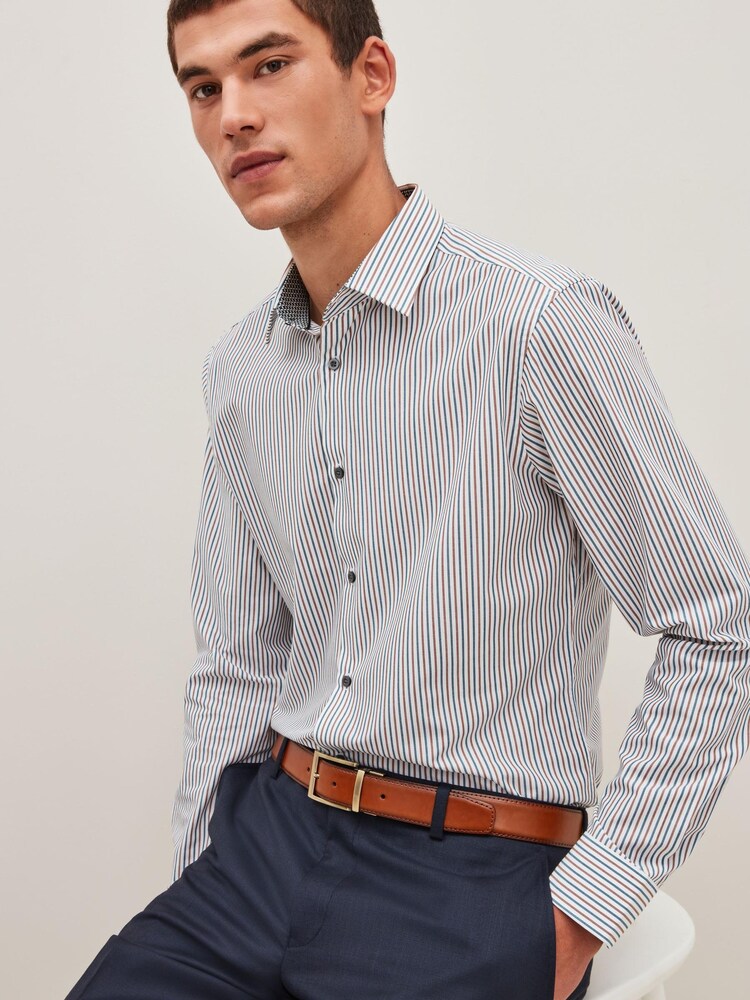 White/Blue/Brown Stripe Slim Fit Cotton Trimmed Shirt - Image 1 of 7