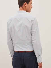 White/Blue/Brown Stripe Slim Fit Cotton Trimmed Shirt - Image 3 of 7
