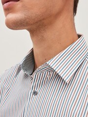 White/Blue/Brown Stripe Slim Fit Cotton Trimmed Shirt - Image 4 of 7