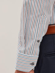 White/Blue/Brown Stripe Slim Fit Cotton Trimmed Shirt - Image 5 of 7