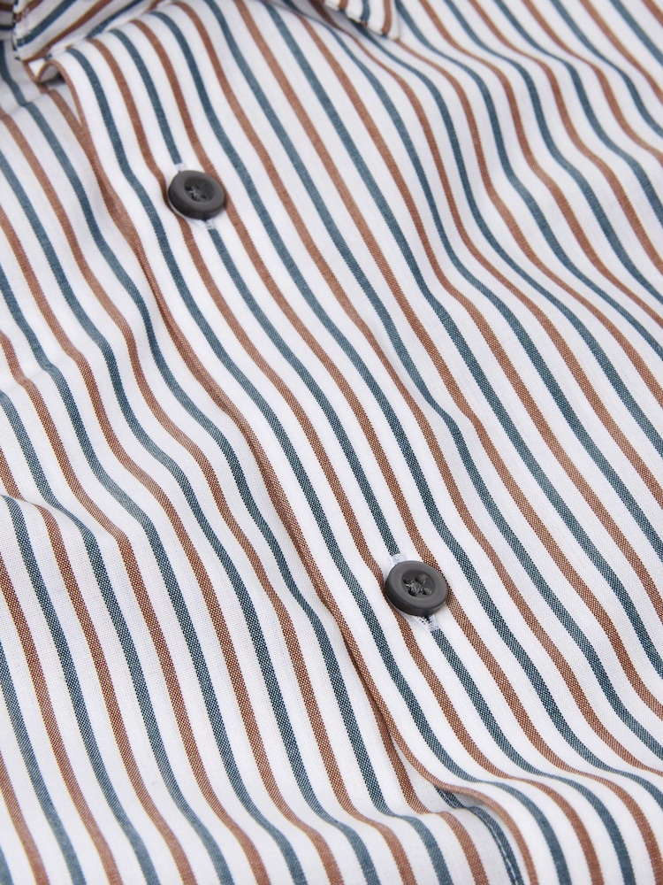 White/Blue/Brown Stripe Slim Fit Cotton Trimmed Shirt - Image 7 of 7