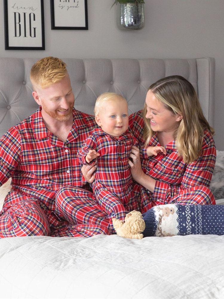 JoJo Maman Bébé Red Boys' Tartan Woven All-In-One Pyjamas - Image 2 of 4